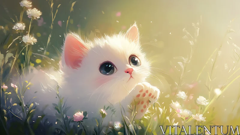 White Kitten with Striking Blue Eyes Among Pink Carnation Flowers