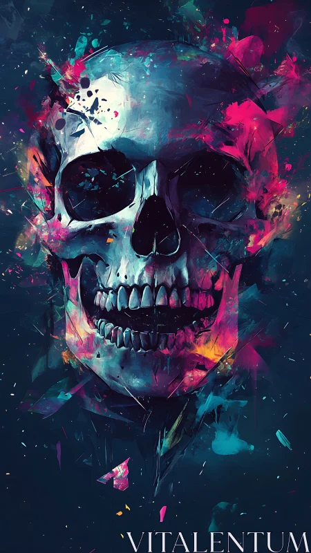 Human skull rendered with saturated neon paint splashes