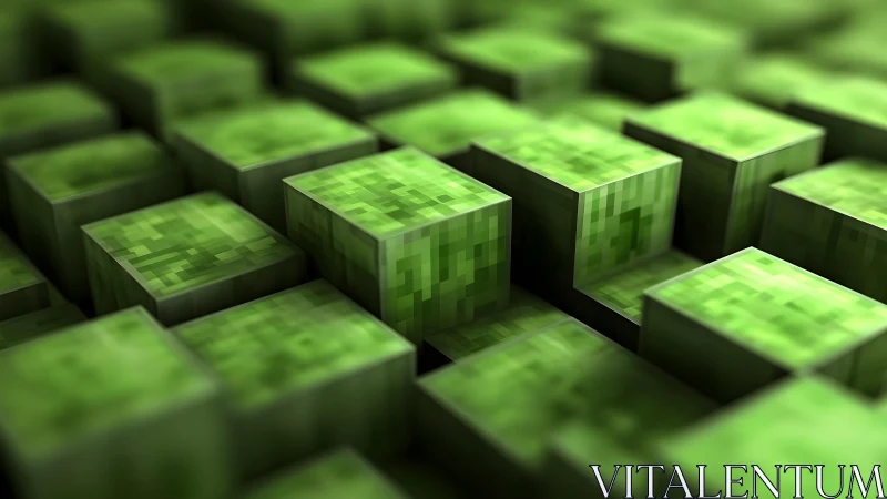 Voxel-style green cube landscape with shallow focus depth.