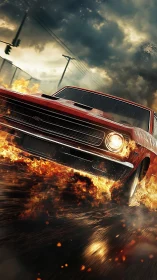 Red muscle car moves through stylized flames on wet roadway