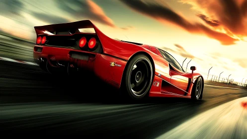 Scarlet supercar blazing down sunset racetrack horizon.