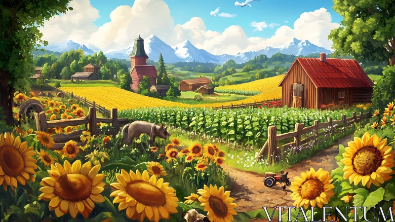 Sunlit country farm glows with golden fields and mountains