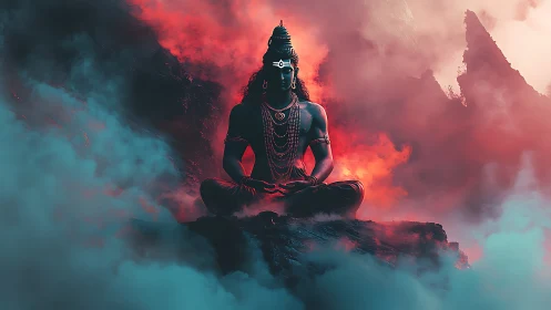 Divine blue deity meditates amid fiery mist and mountains
