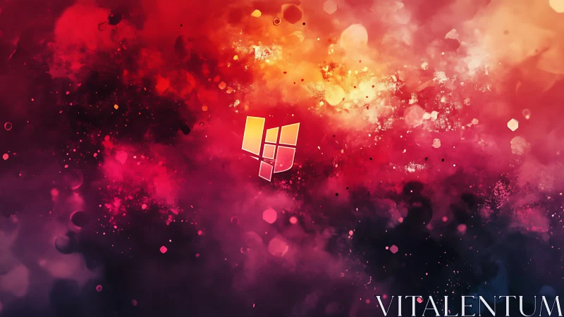 Vibrant geometric logo over abstract nebula field.