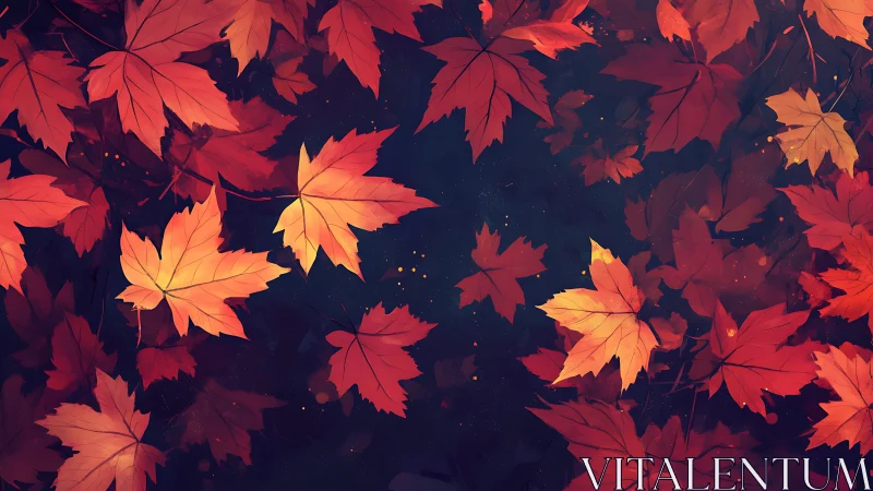 Digital painting of autumn maple leaves on deep indigo ground.