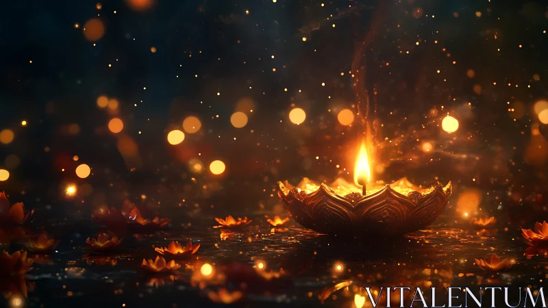 Single floating diya glows over dark water with warm bokeh