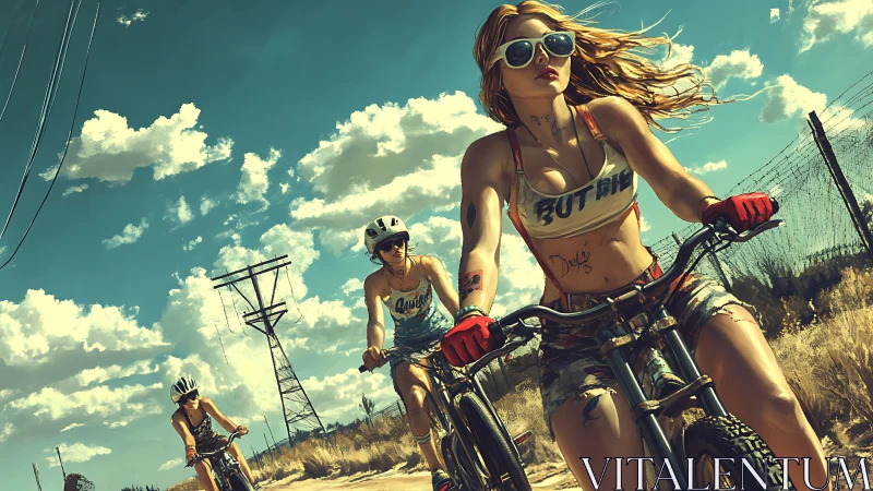 Desert Cyclists: Golden Hour Speed Against Turquoise Sky.