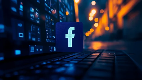 Midnight laptop glows while a bright social icon stands guard