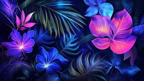 Neon tropical leaves glow with luminous gradient color