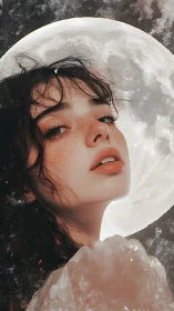 Digital portrait with lunar backdrop and ethereal soft-focus rendering.