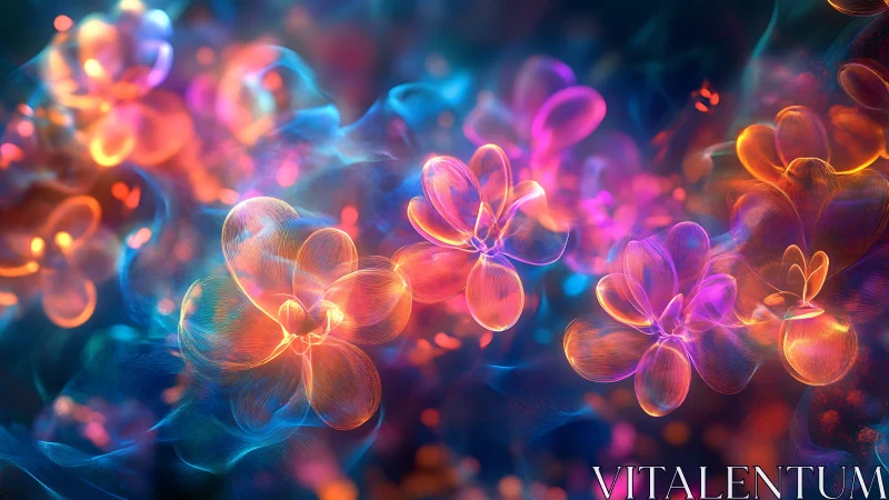 Abstract luminous floral forms in multicolor digital field.