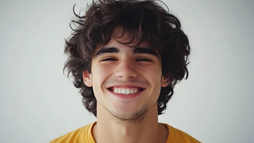 Smiling young man with tousled hair radiates pure joy.