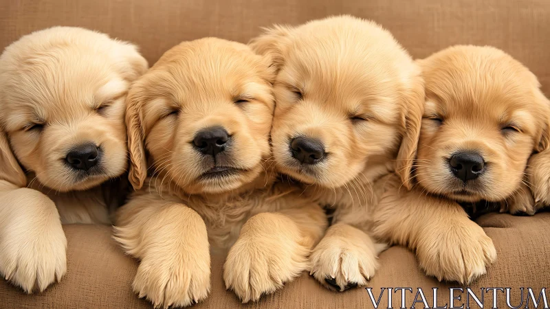 Golden retriever puppies sleeping closely together on sofa.