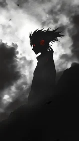 Lone anime warrior silhouetted against stormy night sky.