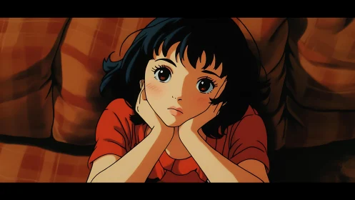 Dreamy girl rests on a sofa, lost in gentle thoughts