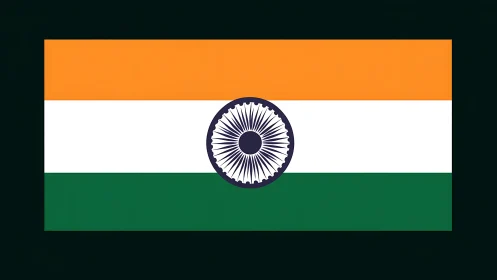 Horizontal tricolour flag with central navy blue wheel emblem.