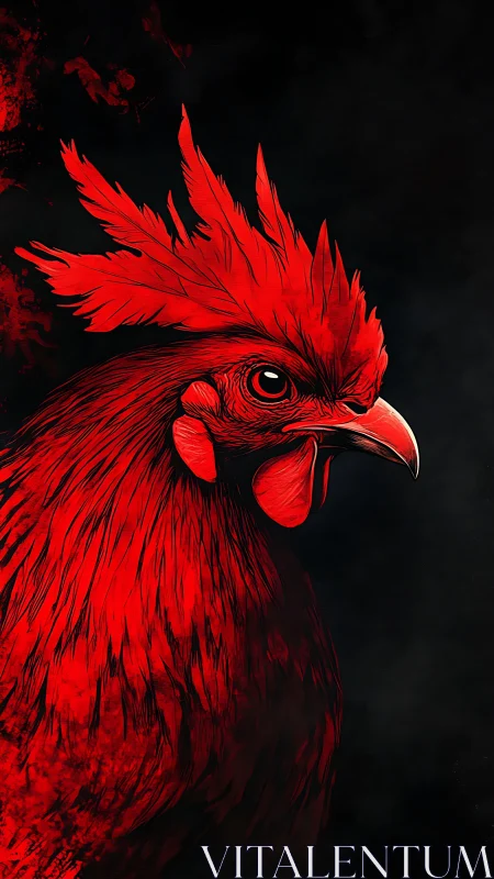 Red rooster profile illustration on dark black background.