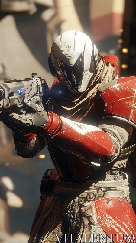 Armored sci fi guardian aiming rifle in warm cinematic light.