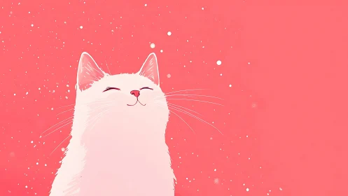 White Cat Smiling Against Coral Pink Background with Particles.