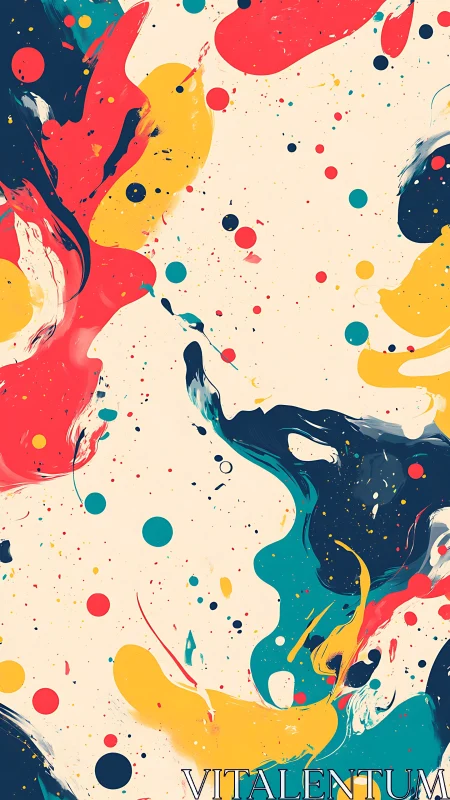 Multicolor fluid splashes and dots overlay a pale ground