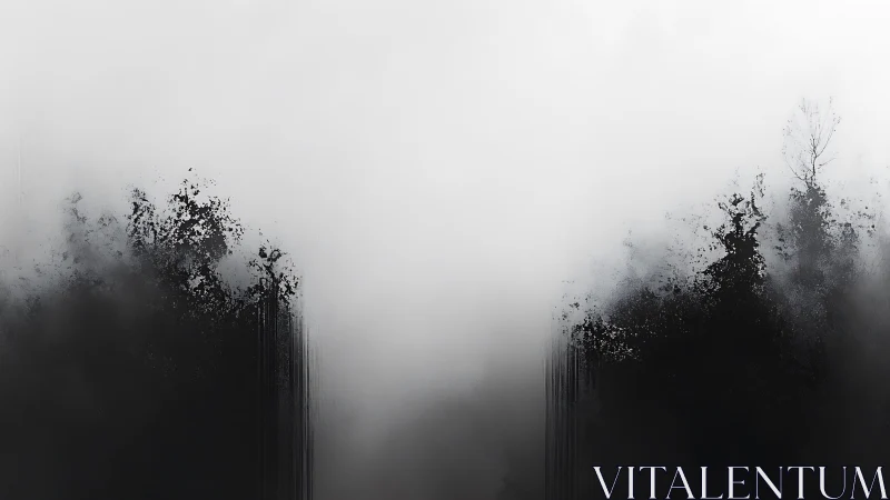 Monochrome mist forest dissolving into negative space.