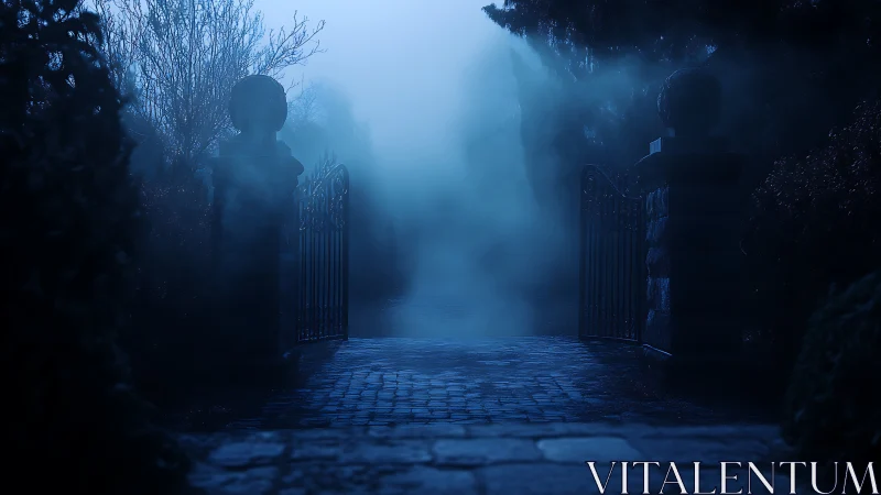 Misty moonlit gate inviting curious hearts into the fog.