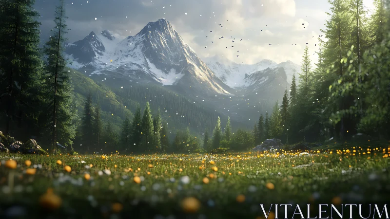 Mountain meadow under soft light with drifting petals.