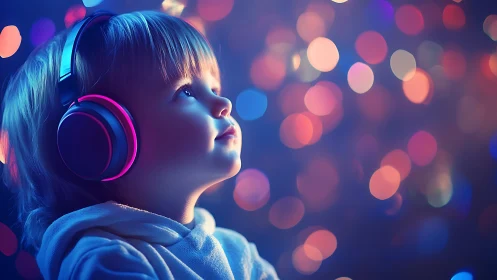 Toddler with headphones against colorful bokeh lights.