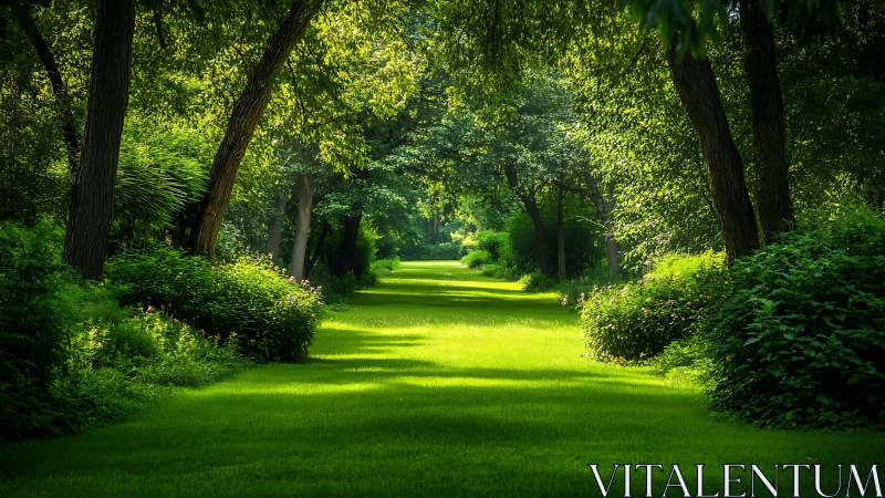 Sunlit forest pathway with dense trees and trimmed grass