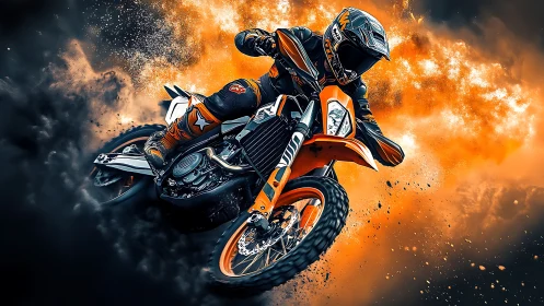 Off road motorcyclist in dynamic jump with smoke backdrop.