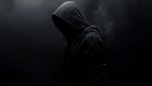 Shadowed hooded figure leans into darkness with quiet mystery