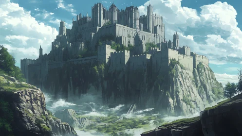 Fortified stone castle complex rises above misty cliffs