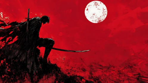 Solitary swordsman silhouette under large white moon.