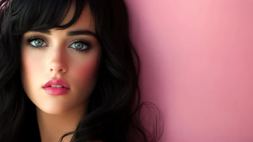 Digital portrait with teal eyes against soft pink wall.