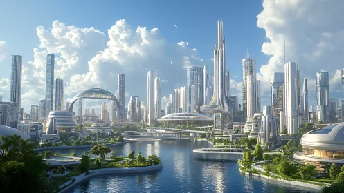 Futuristic riverfront cityscape with high rise towers and transit.