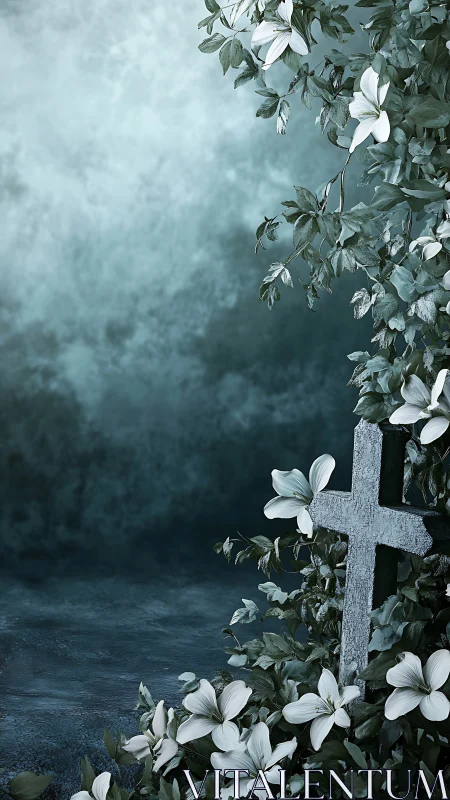 Weathered stone cross amid soft teal mist and lilies.