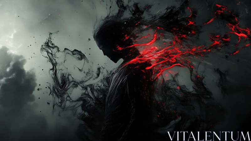 Dark shrouded figure unleashes red energy in stormy void