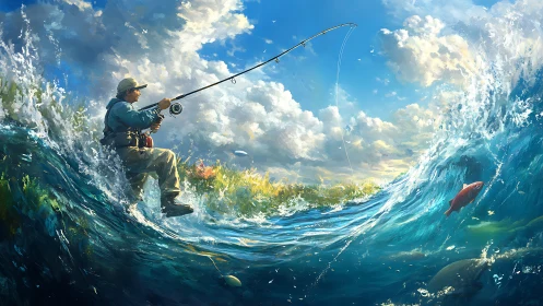 Lone angler rides crashing ocean wave in bright sunlight.