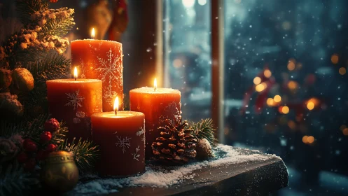Christmas candles glow beside frosted window at night.