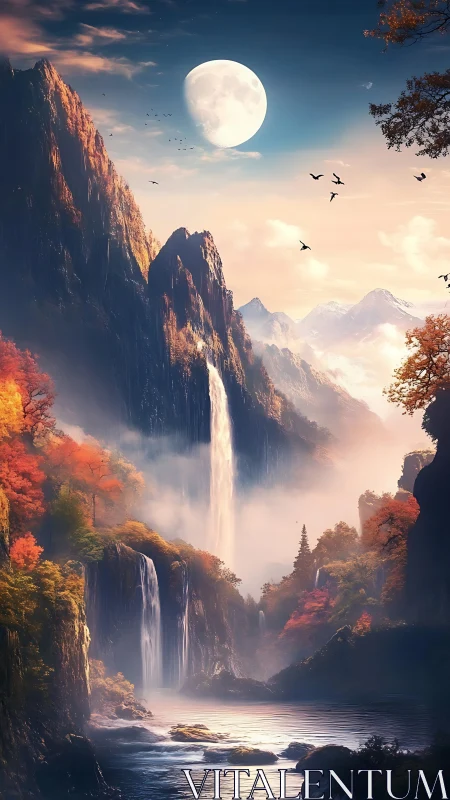 Moonlit fantasy canyon with towering waterfalls and mist.