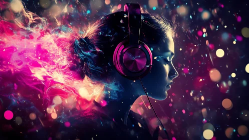 Side-profile listener dissolves into neon audio particles