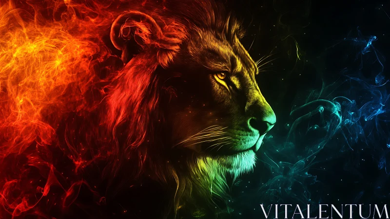 Fiery neon lion profile merges with swirling cosmic smoke