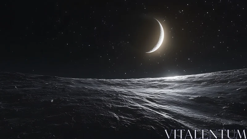 Photorealistic lunar crescent with raked terminator lighting.