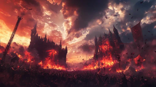 Infernal siege engulfs twin dark fortresses in crimson fire.