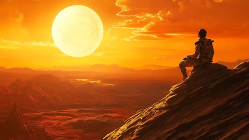 Astronaut overlooks molten desert under colossal setting sun.