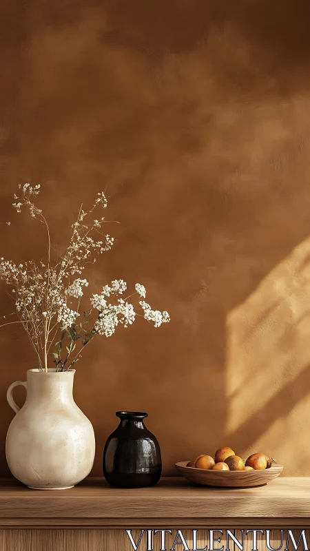 Minimal still life with vases, oranges and warm wall.