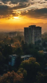 High-rise tower overlooks misty cityscape at golden sunrise