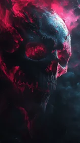 Luminous infernal skull materializes from vaporous red nebula