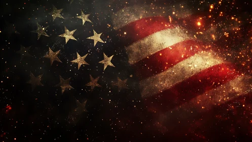 Distressed American flag rendered with glowing particle embers and gritty texture