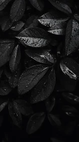 Moody wet foliage layered in deep monochrome shadows.